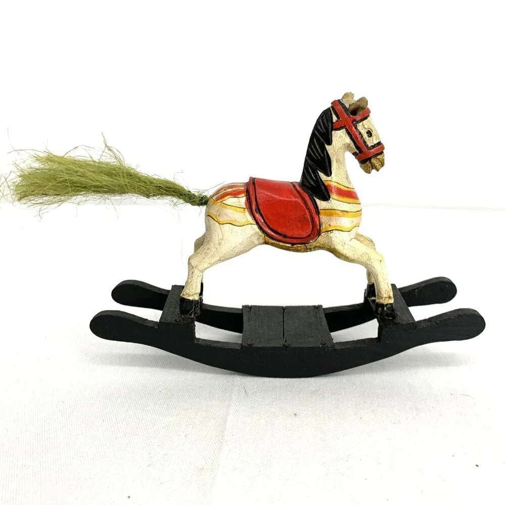 Wooden Rocking Horse Figurine Hand Painted Rope Tail Leather Ears 6